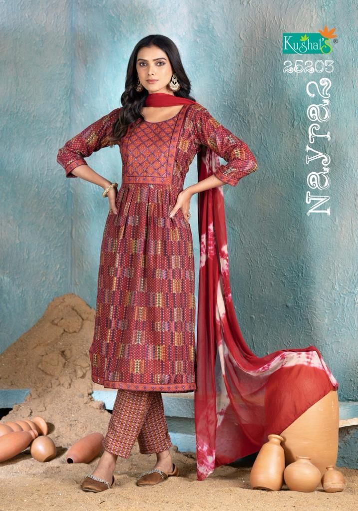 Nayra 2 By Kushals Rayon Printed Naira Cut Kurti With Bottom Dupatta
